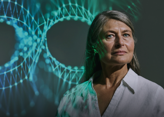 Female patient with DNA strands in the background